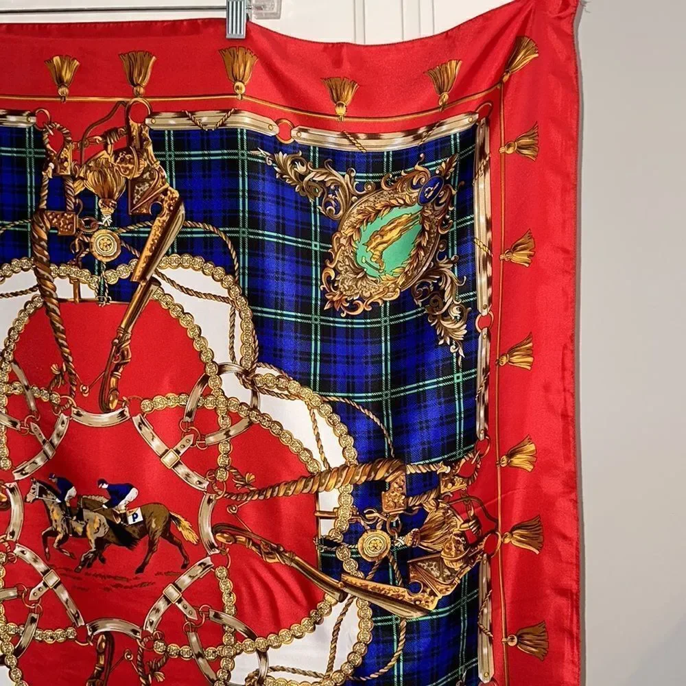 Vintage 80s/90s large polo, horses, bridle themed red, blue & gold scarf‎